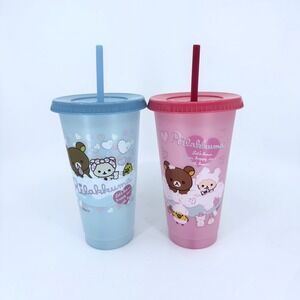 San-X Rilakkuma  Cup‎ Straw Bundle Round 1 Exclusive Blue Pink 2pc